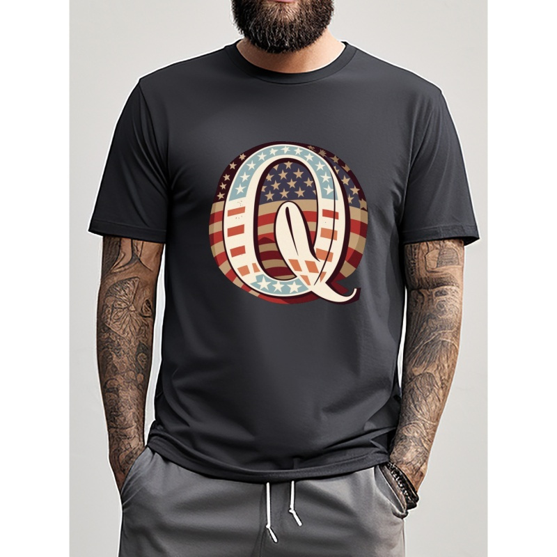 

Letter Q And American Flag Print T Shirt, Tees For Men, Casual Short Sleeve T-shirt For Summer