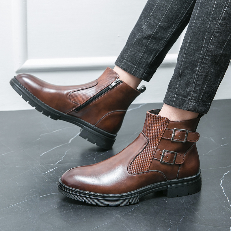 brown boots with buckles on the side