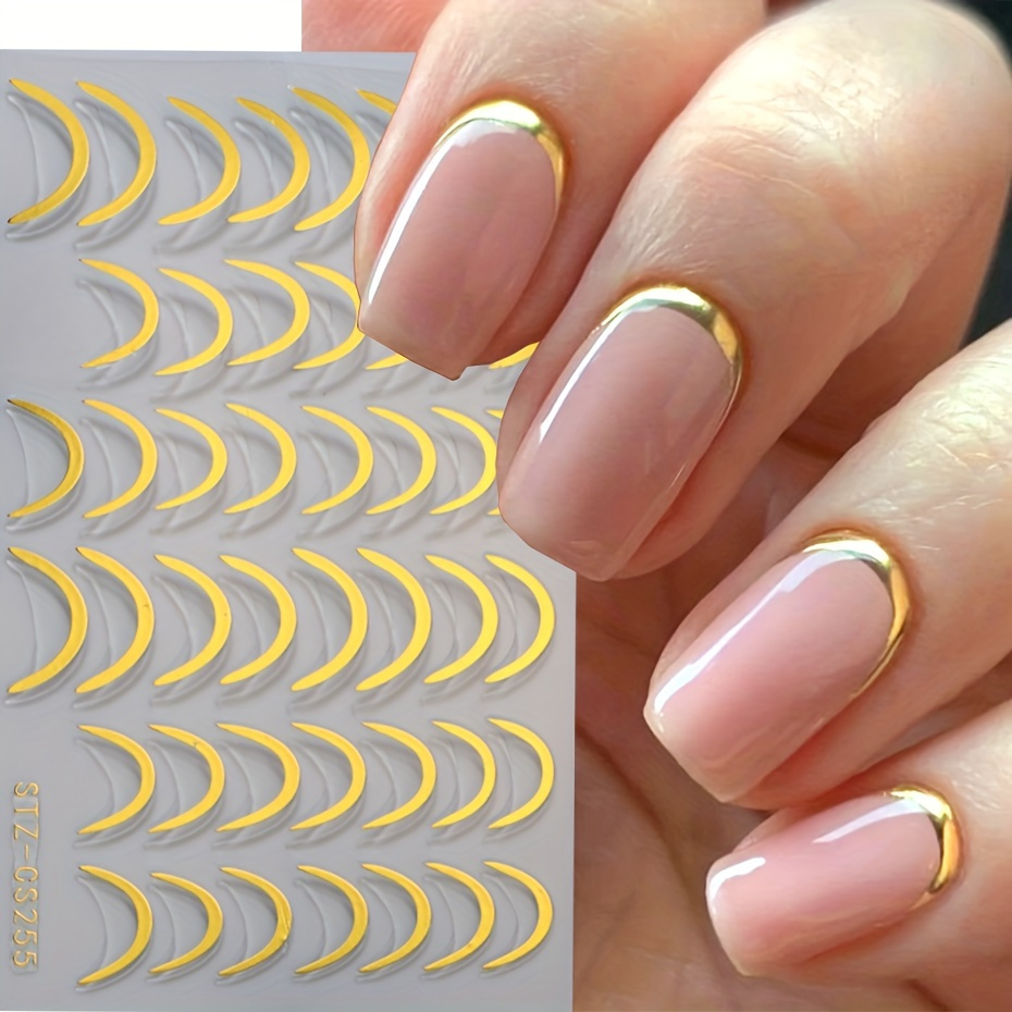 

A Set Of 2 3d Nail Stickers With French Tips, Featuring Elegant Swirls And Golden Stripes. Perfect For Adding A Touch Of Glamour To Your Nail Art. Ideal For Women And Girls Who Love Nail Art.