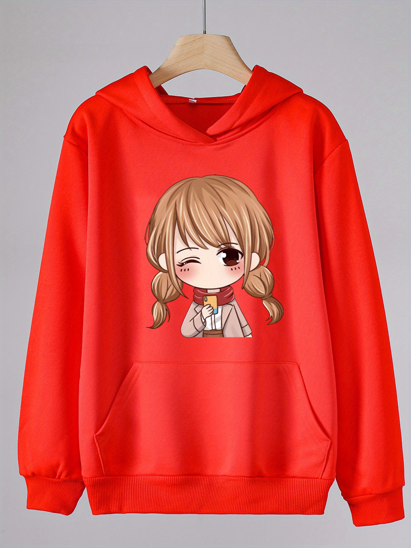 Cute Anime Girl Print Hoodies Comfy Casual Hooded Sweatshirt Kangaroo Pocket Pullover For Girls Spring Summer Fall Sports