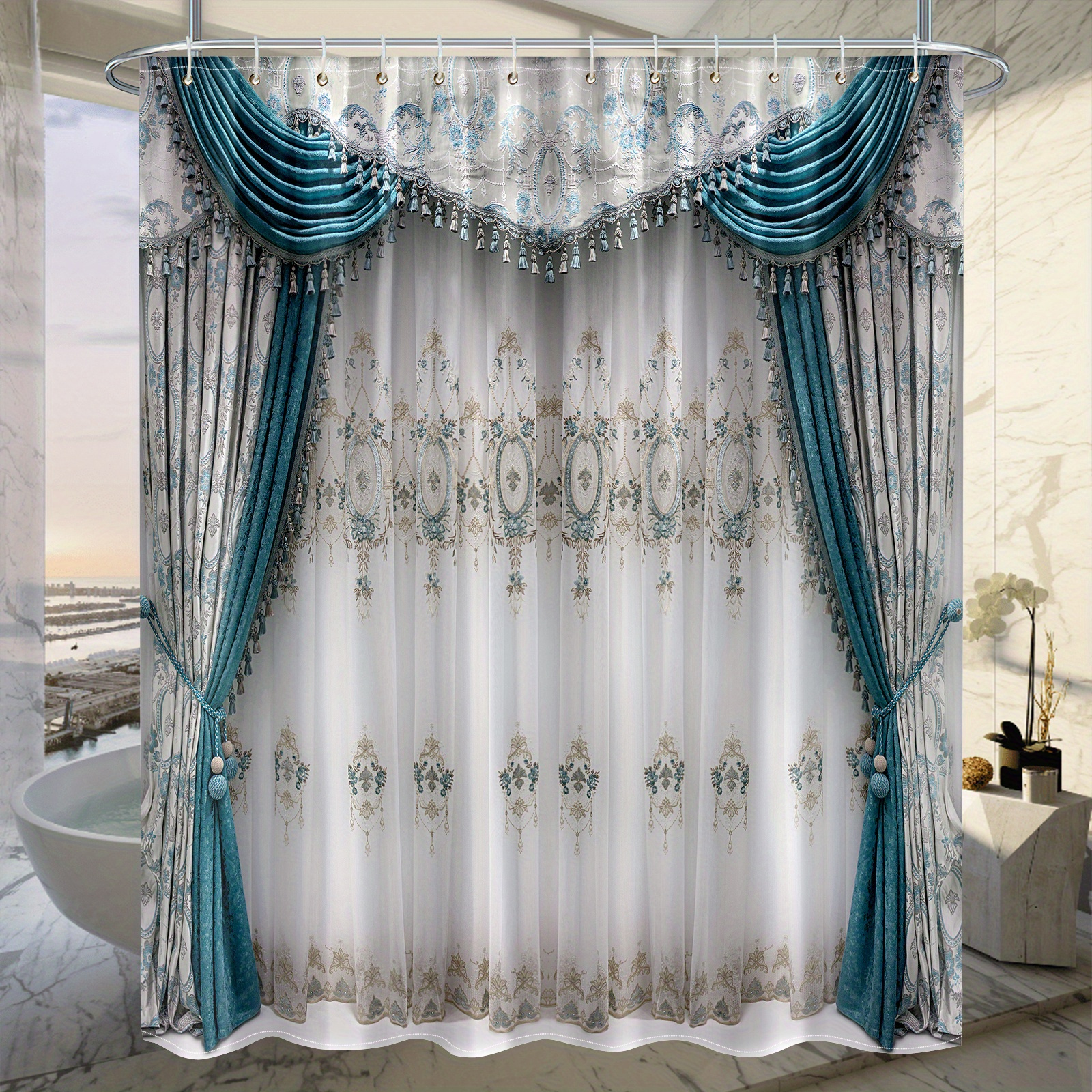 

1pc Window Drapery Printed Shower Curtain, Waterproof Shower Curtain Including Hooks, Decorative Bathtub Curtain, Bathroom Partition, Bathroom Accessories, Bathroom Decor