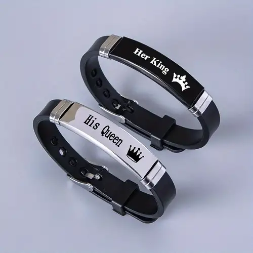 His Queen Her King Bracelets Rectangle Engraved Letter - Temu Canada