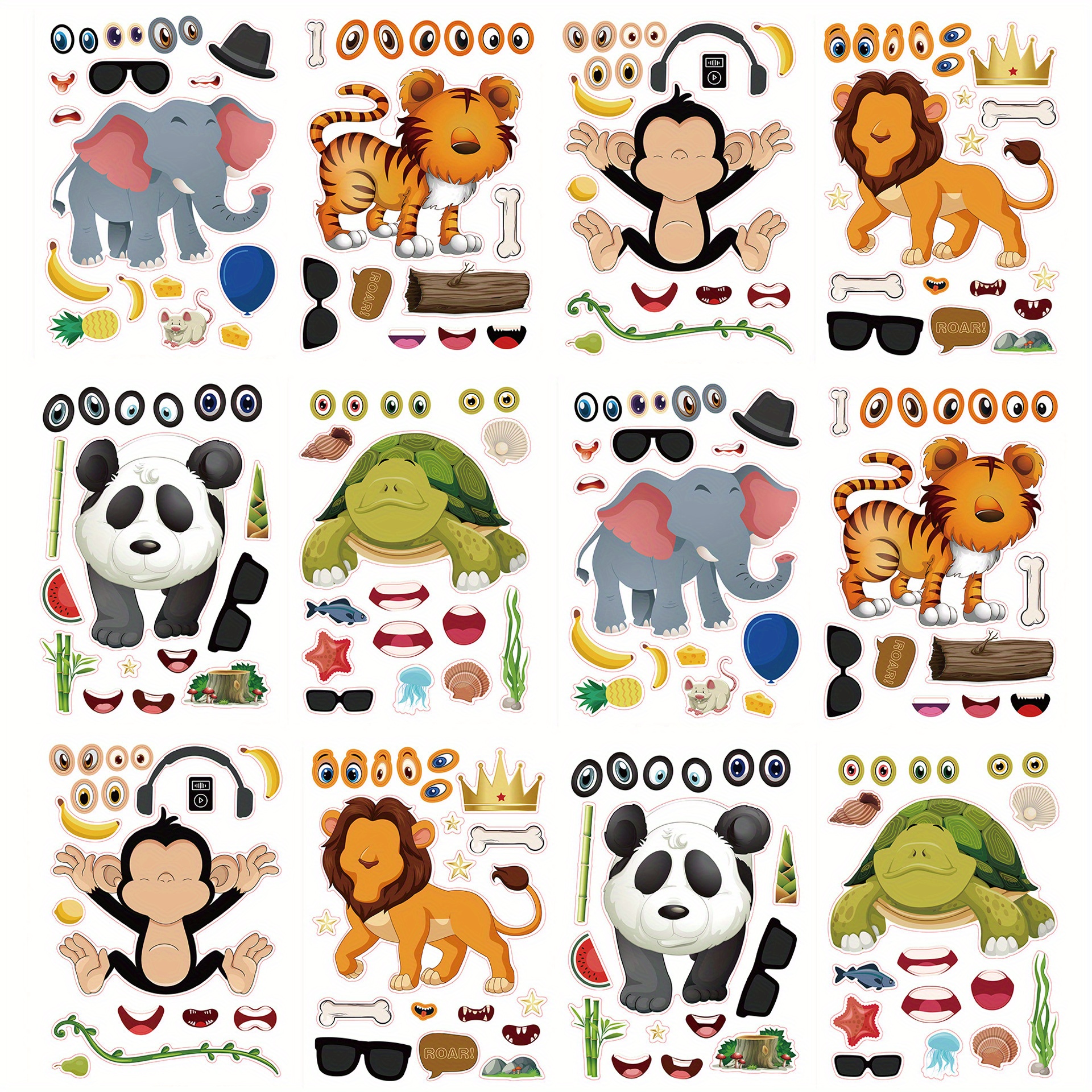 

6pcs/12pcs Zoo Lion Tiger Elephant Monkey Stickers, Face Changing Cartoon Puzzle Holiday Party Decoration Birthday Gift Handcraft Stickers, Animal Diy Stickers For Laptop Water Bottle Phone Skateboard