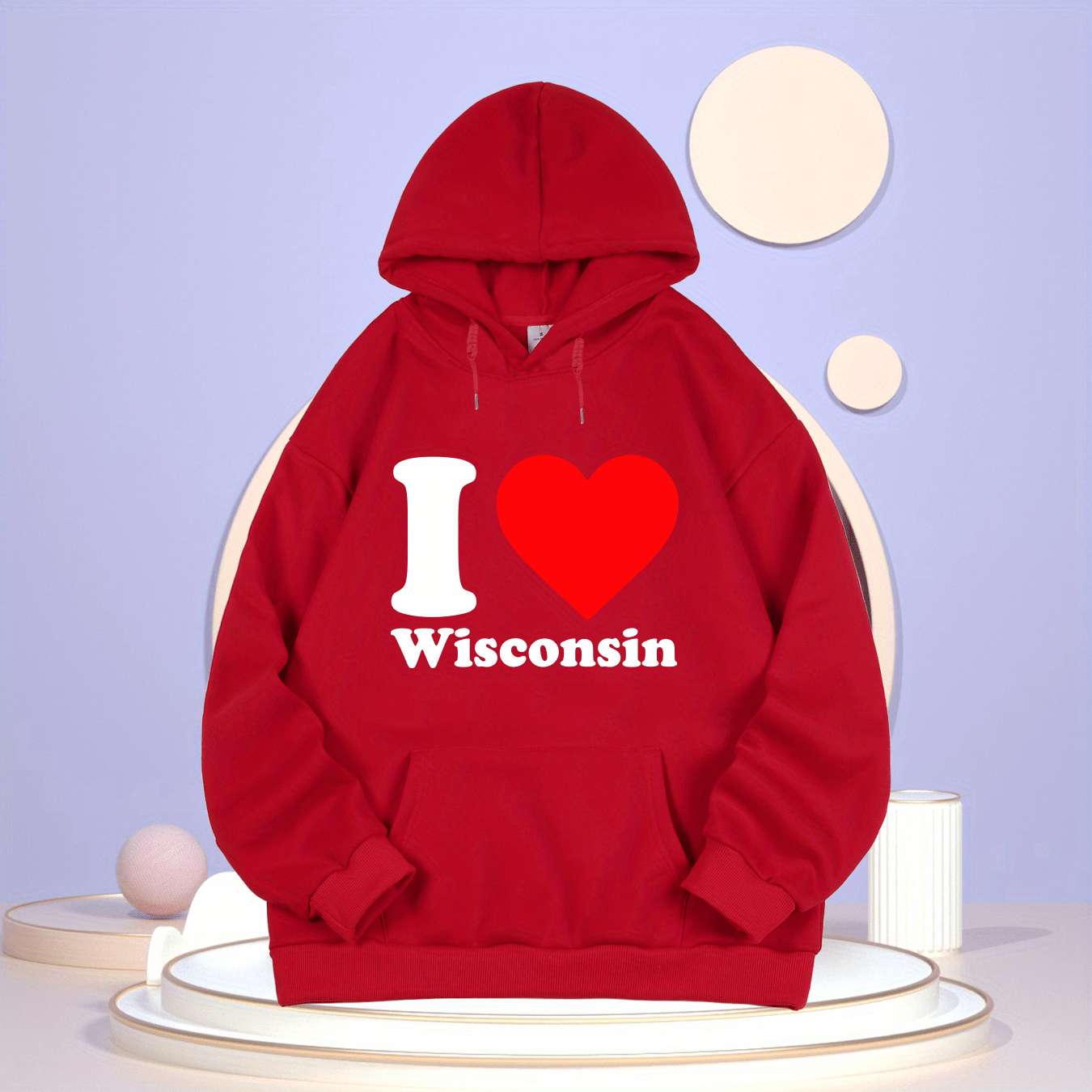 

I Love Wisconsin Pattern Drawstring Hooded Sweatshirt, Kangaroo Pocket Long Sleeves Casual Hoodie, Women's Clothing