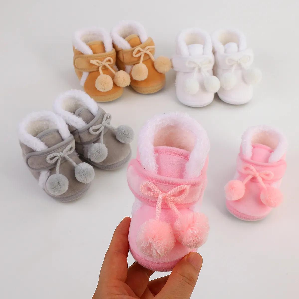 Cute Plush Ball Comfortable Boots For Baby Girls, Soft Warm Fleece Boots For Indoor Walking, Winter