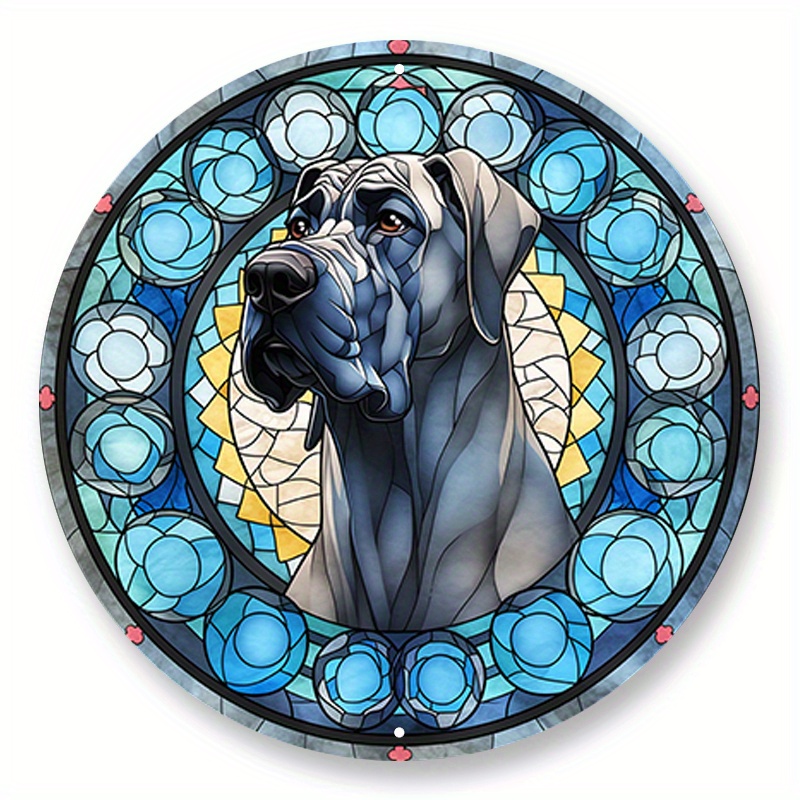 

1pc 8x8inch Aluminum Metal Sign A Stained Glass Design Featuring A Great Dane In The Front, Gothic Grandeur, Rounded, Hyper-realistic Animal Illustrations