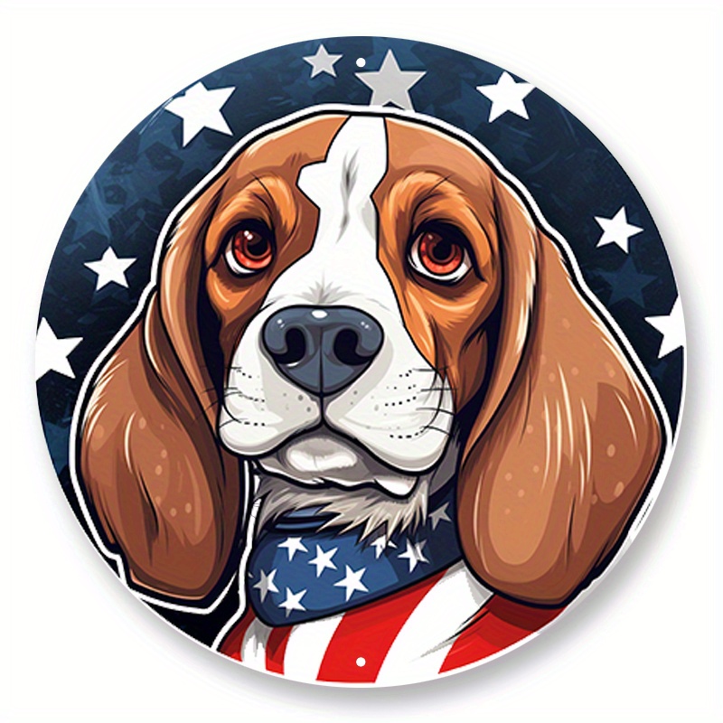 

1pc 8x8inch Aluminum Metal Sign Aluminum Metal Sign Patriotic Beagle Dog 4th Of July Independence Day Round Metal Wreath Sign