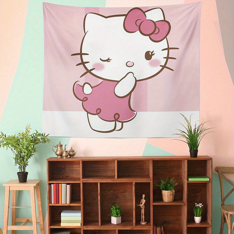 Kawaii Hello Kitty Hanging Tapestry Anime Kt Cat Cartoon Background Cloth  Black and White Wall Blanket Art Home Decor Girl Gift