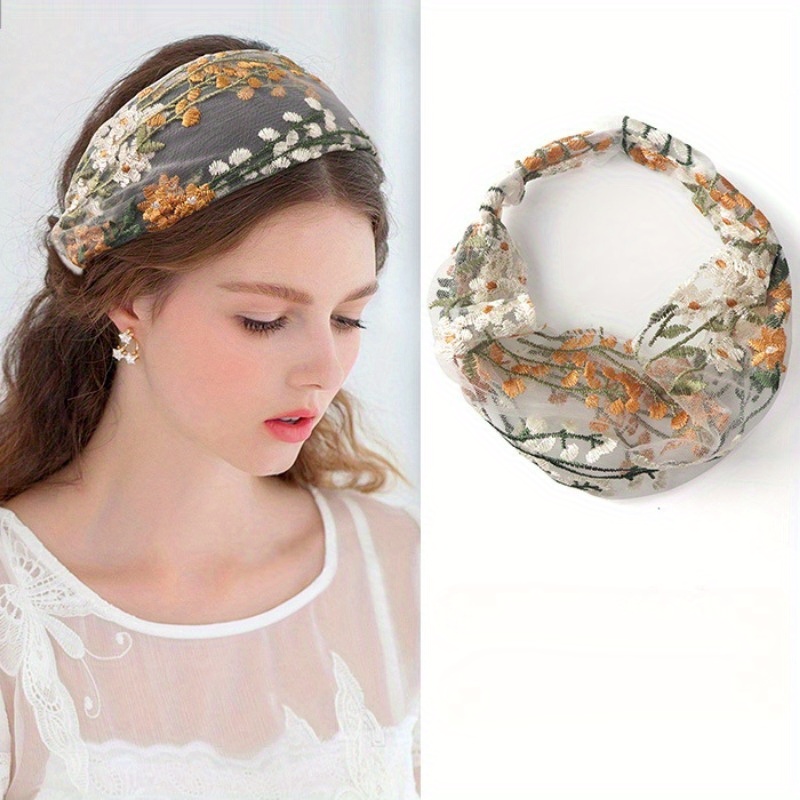 

Vintage Flower Embroidery Turban Elastic Non Slip Head Band Lace Wide Brimmed Head Hoop Stylish Hairdressing Accessories For Women And Girls