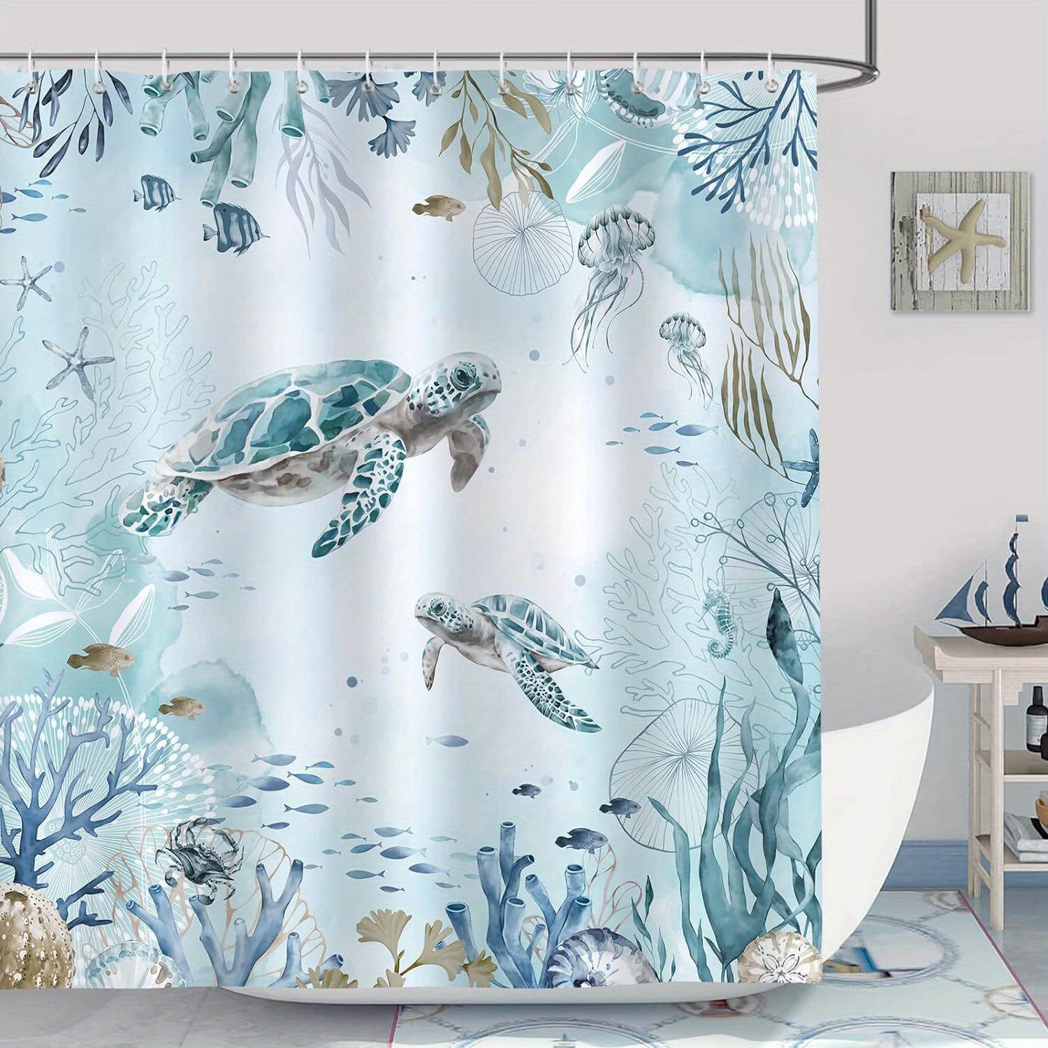 1pc Sea Turtle Pattern Shower Curtain With 12 Hooks - Temu Australia