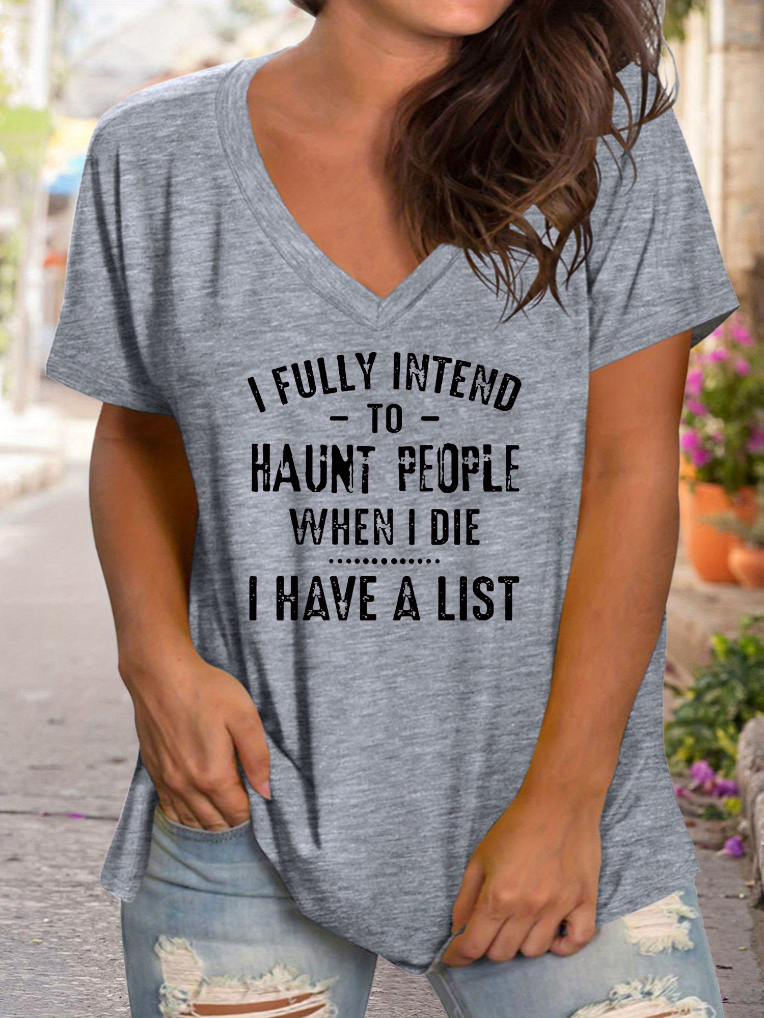 Plus Size Women's Casual V-Neck Short Sleeve T-Shirt with Bold Letter Print - Heather Gray Relaxed Fit Machine Washable Spring Summer Fall Top PS05, Everyday Comfort, Durable Casualwear