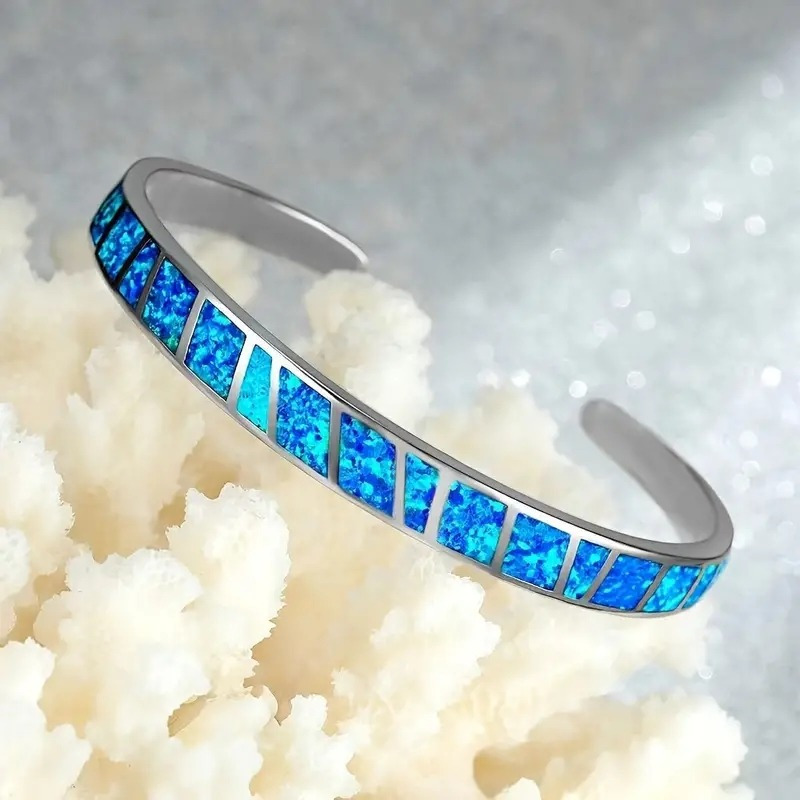 Image of 1pc Simple Geometric Blue Opal Open Bangle Bracelet For Men Women Hip Hop Party Personality Retro Bracelet Fashion Unique Birthday Gift New Year Gift.kpop Style Jewelry.