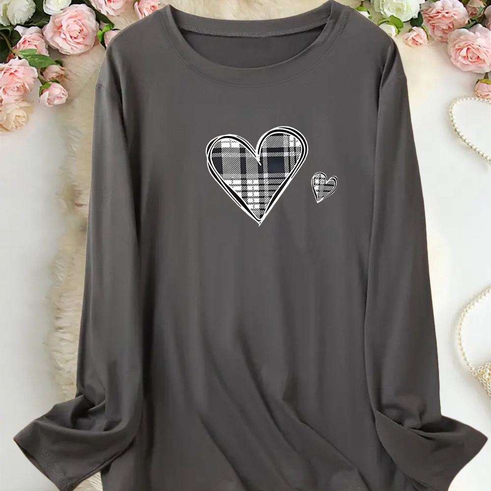 

Women's Valentine's Day Pajama Top, Plus Size Heart Print Long Sleeve Round Neck Top