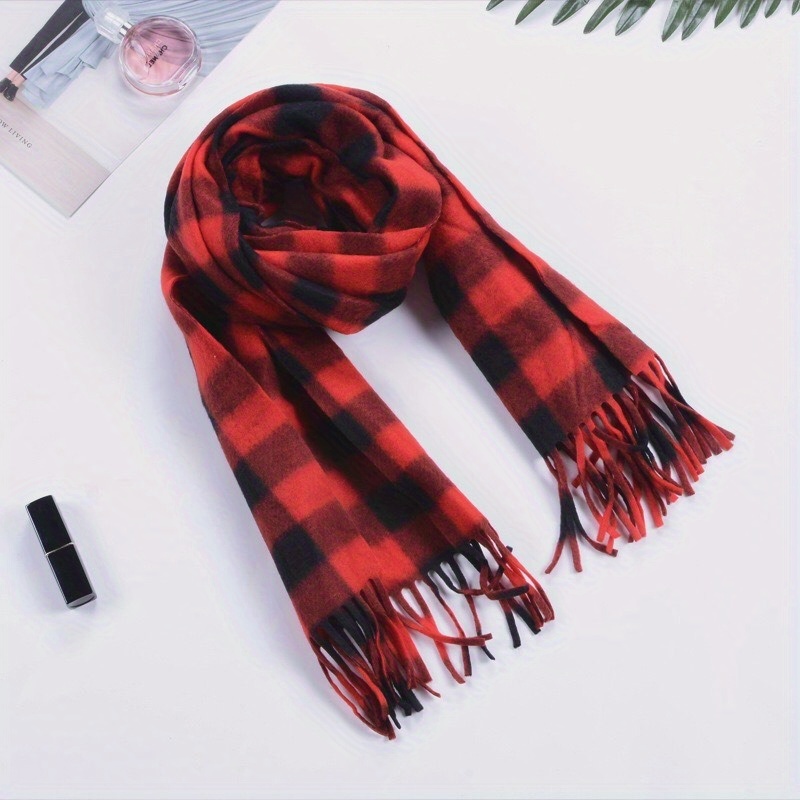 

Contrast Color Plaid Tassel Scarf, Vintage Style Warm Inelastic Scarf, Winter Unisex Coldproof Decorative Scarf