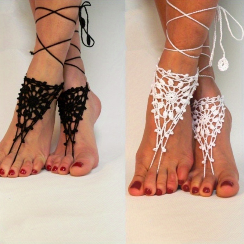 

2-pack Bohemian Crochet Barefoot Sandals, Black Victorian Lace Anklet Foot Jewelry, Steampunk Style Beach Vacation Accessories, Adjustable Tie-up Design