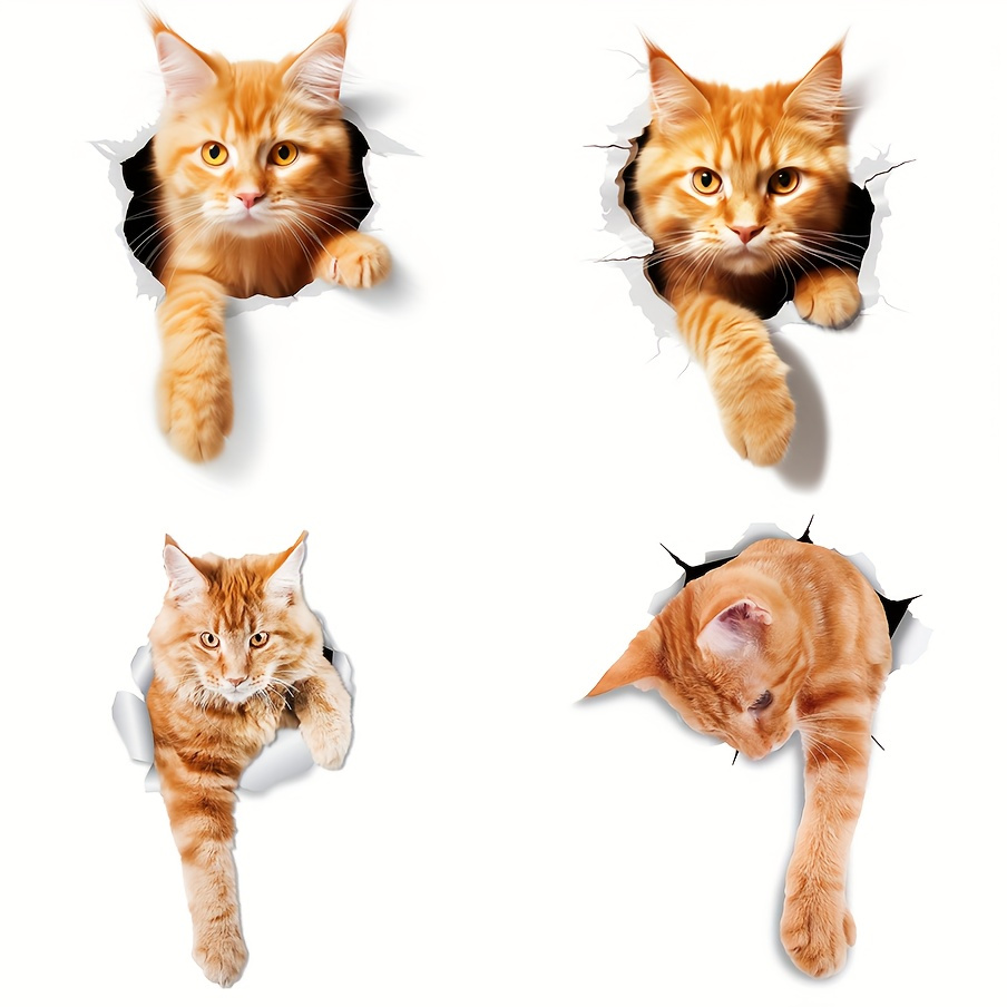 

4 In 1 Reaching Ginger Decals - For Wall, Orange Cat Stickers, For Car, Fridge, Toilet, Room - Retail Packaged Orange Cat Gift