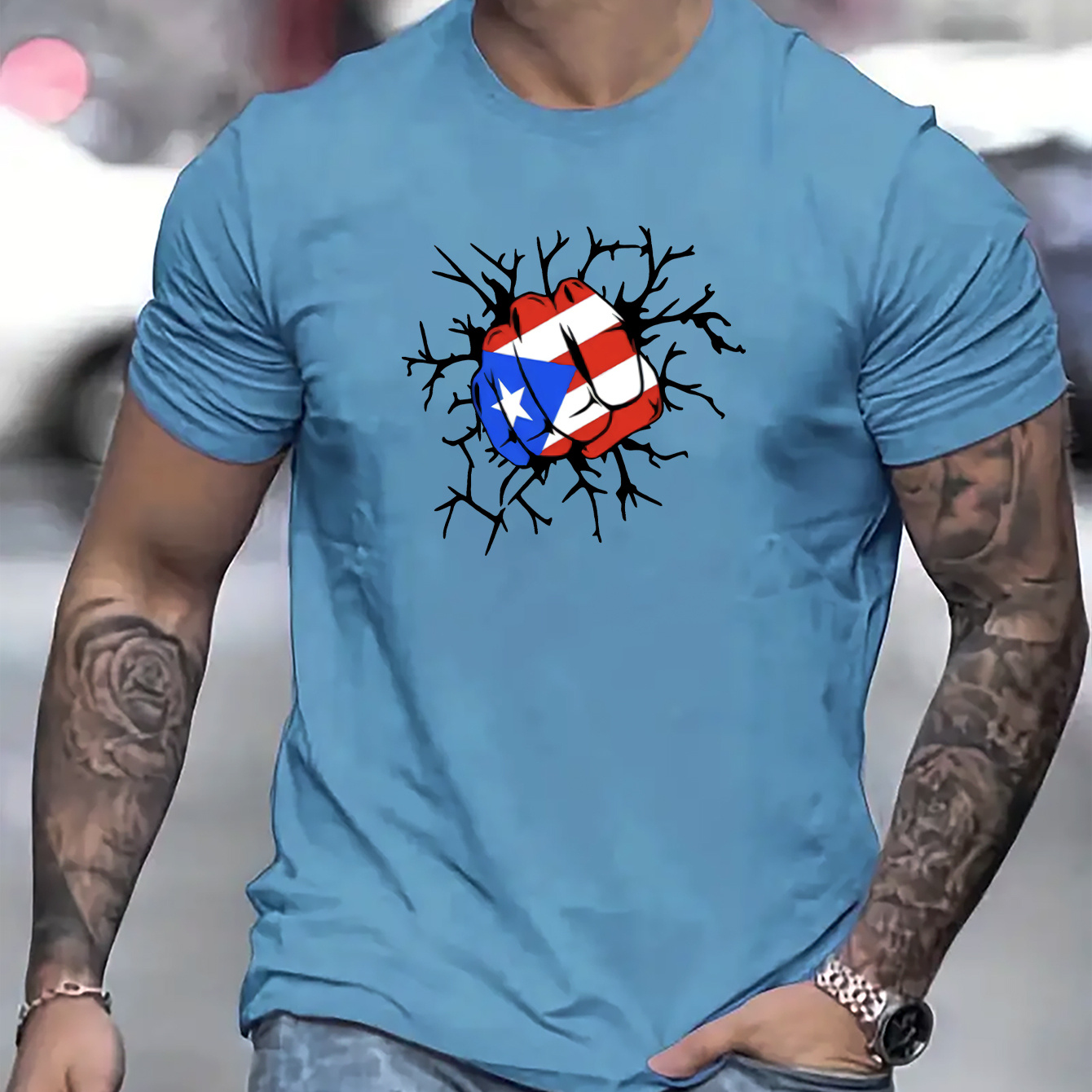 

Flag Of Puerto Rico Fist Print T Shirt, Tees For Men, Casual Short Sleeve T-shirt For Summer