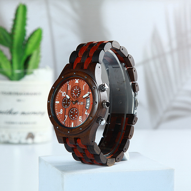 Ebony Red Sandalwood Montre Quartz Multifonctionnelle Lumineuse Pour Hommes Cadeau De Vacances