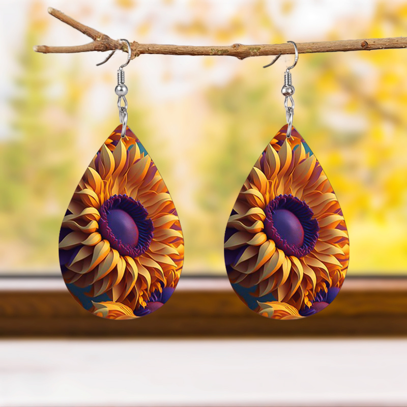 Women's Bohemian Sunflower Painting Print Teardrop Earrings