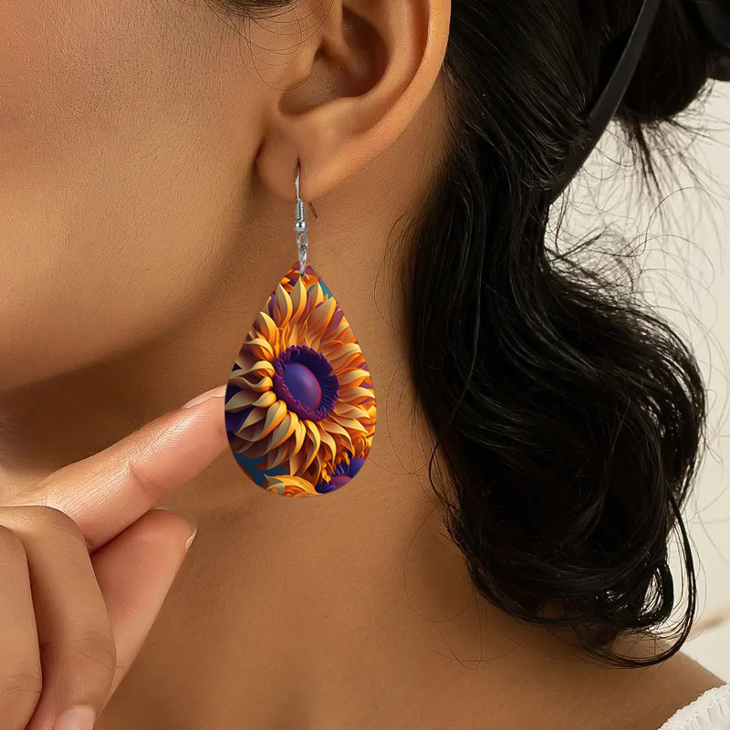 Women's Bohemian Sunflower Painting Print Teardrop Earrings