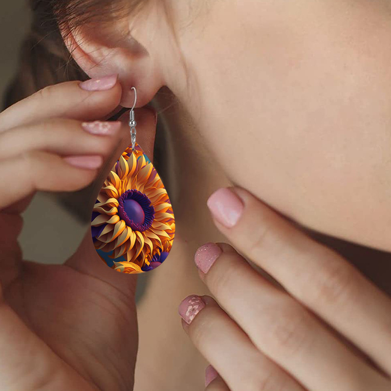 Women's Bohemian Sunflower Painting Print Teardrop Earrings
