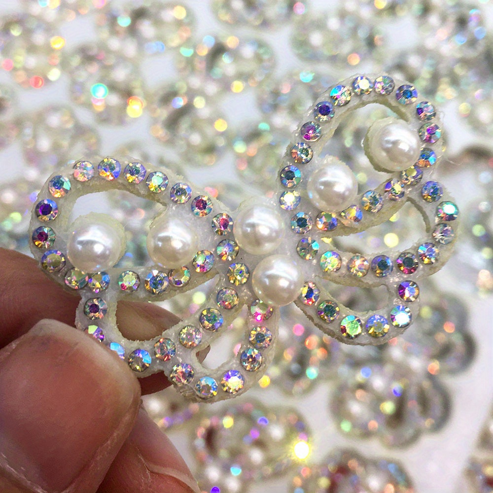 Image of 10pcs Silvery Rhinestone Pearl Non-woven Fabric Pattern Iron-on Patches For Hair Clips, Headwear, , Jackets, Shoes, Hats, And Decorative Accessories