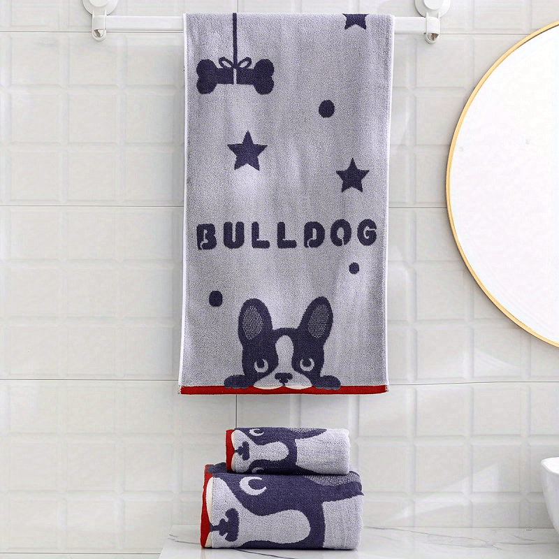 

2pcs Bulldog Pattern Towel Set, Household Cotton Towel, Soft Hand Towel Bath Towel, Absorbent Towels For Bathroom, 1 Bath Towel & 1 Hand Towel, Bathroom Supplies