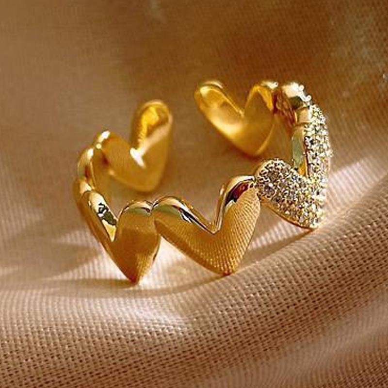 

Elegant Adjustable Love Heart Ring - Golden-tone With Zirconia, Chic For Casual Attire, Winter, New Year