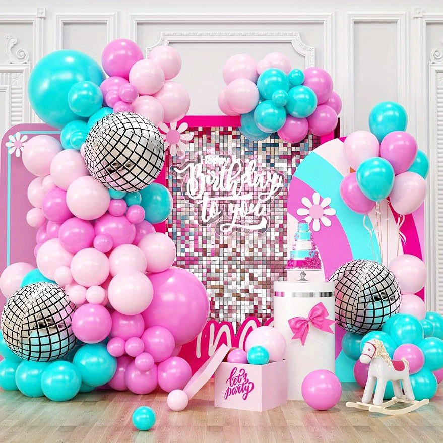 

95pcs, Balloon Garland Arch Kit, Blue Pink Balloon Arch Latex Party Balloons With Inflatable Disco Ball For Girls Music Birthday Party Decorations Wedding Summer Party Supplies