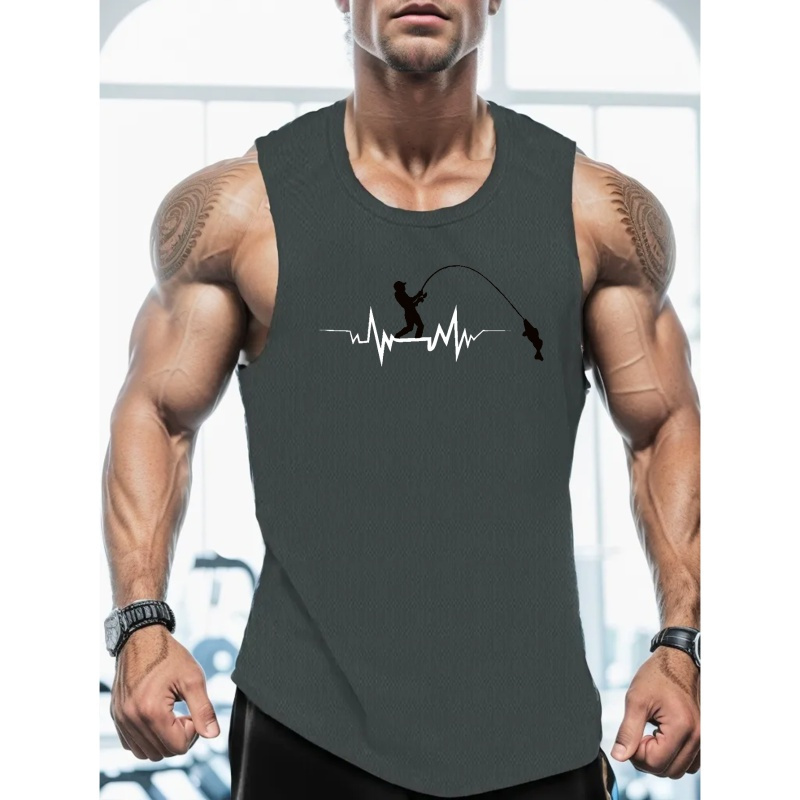 

Fishing Print Sleeveless Tank Top, Men's Active Undershirts For Workout At The Gym