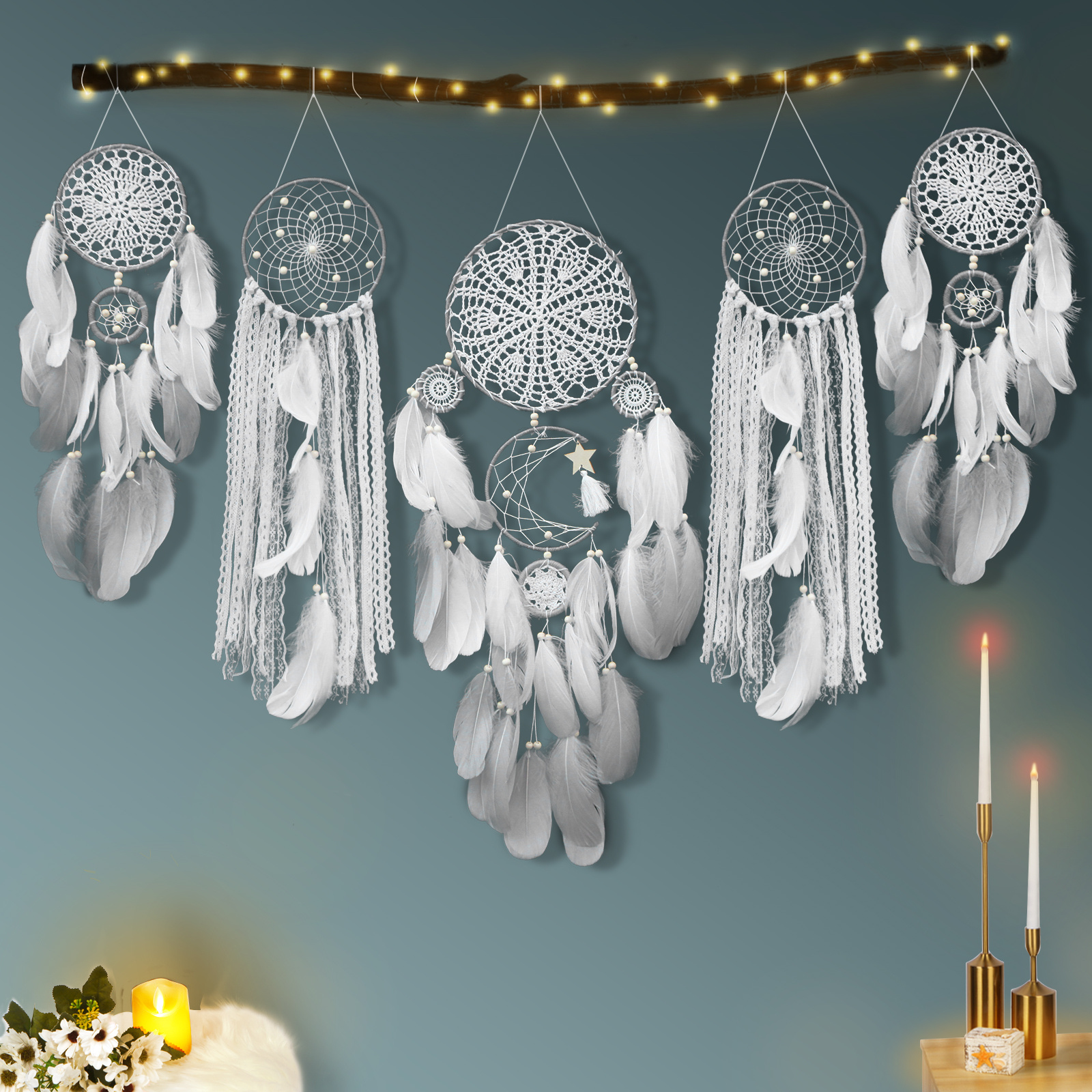 5Pcs/set Feather Crafts Glowing Dream Catcher White Wind Chimes Handmade Dream  Catcher Net for Wall Hanging Car Home Decoration 