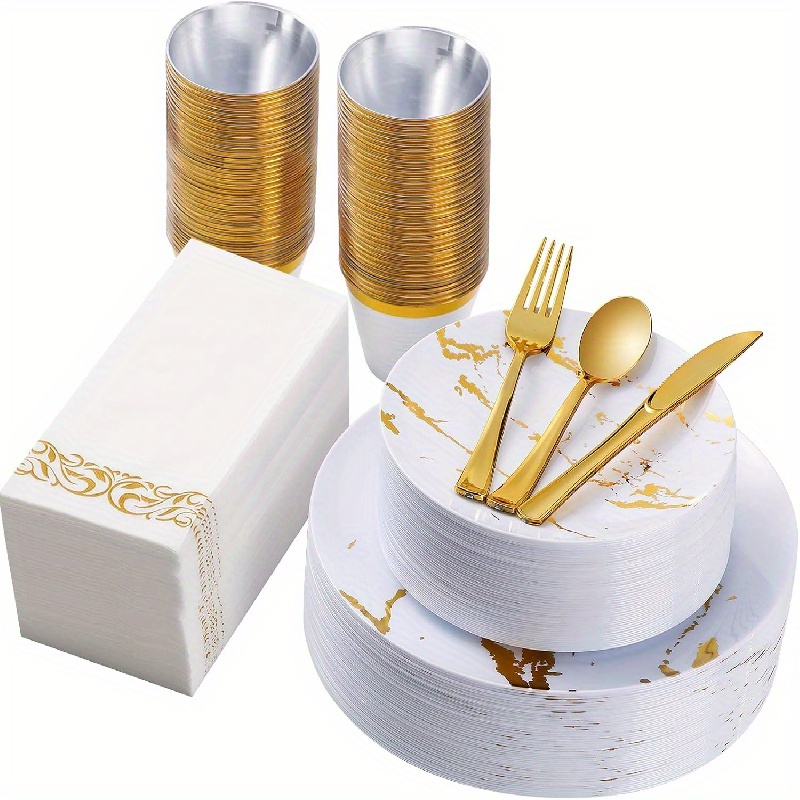 350 suministros de fiesta blanco y dorado, 50 vajilla desechable para  fiestas, tenedores de plástico dorado, cucharas y platos de papel de puntos