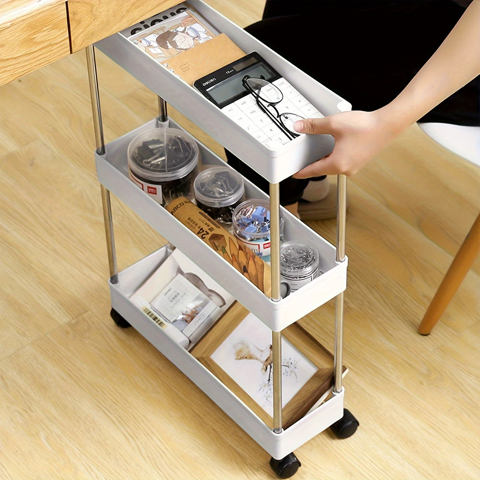  SNTD Carrito de 3 niveles con ruedas - Carrito de almacenamiento  utilitario con cajón y parte superior de madera, carrito de arte de metal  para cocina, oficina, aula (blanco) : Productos