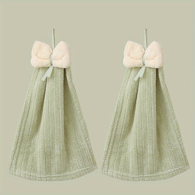 TEMU 2pcs Serviettes à Main en Microfibre Ultra-Douces - Suspendables & Absorbantes, Couleurs Pastel avec Nœud Décoratif, Idéales pour & de Bain,