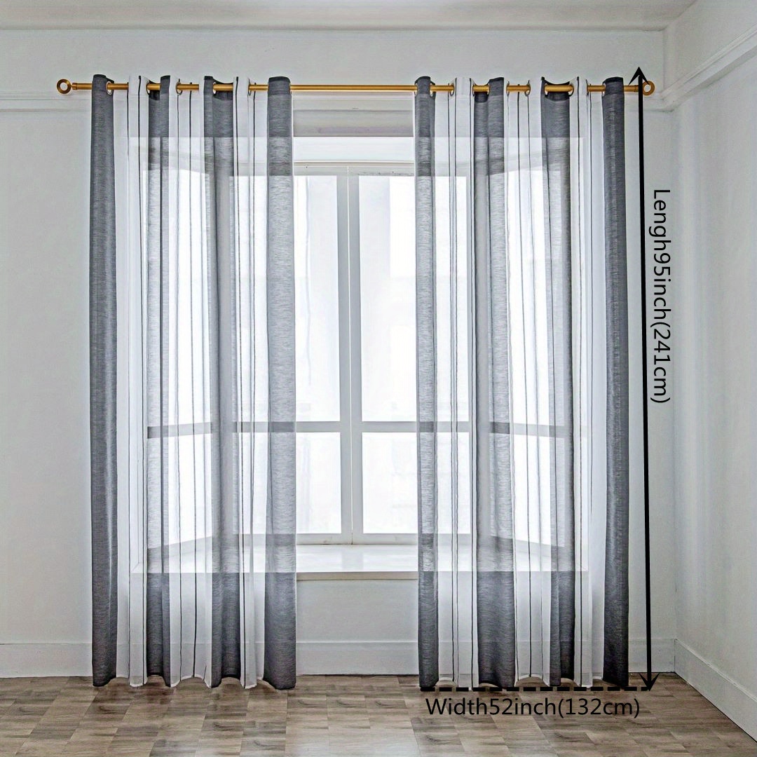 Image of 2pcs Set Of Gray Striped Sheer Curtains, Living Room Bedroom Room Thin Tulle Lace Curtains
