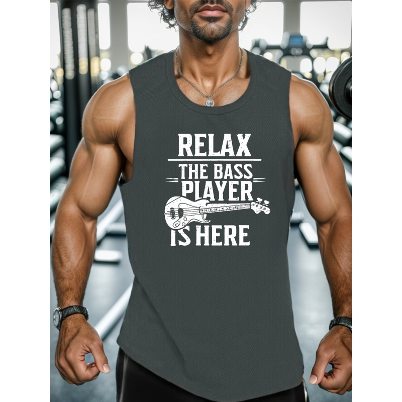 

The Bass Player Is Here Print Sleeveless Tank Top, Men's Active Undershirts For Workout At The Gym