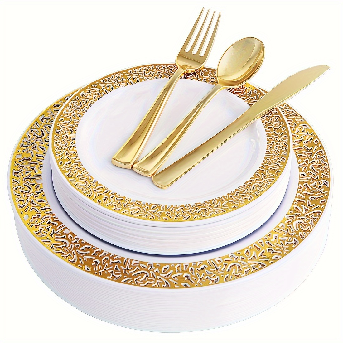 200pc Gold Plastic Plates - 100 Dinner Plates & 100 Salad Plates