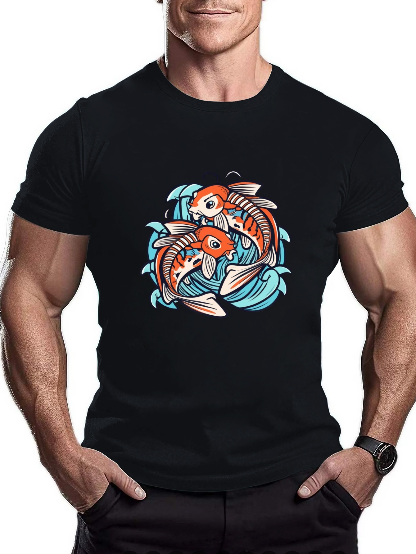 Anime Style Fish Print T shirt Men Stylish Short Sleeve Top - Temu