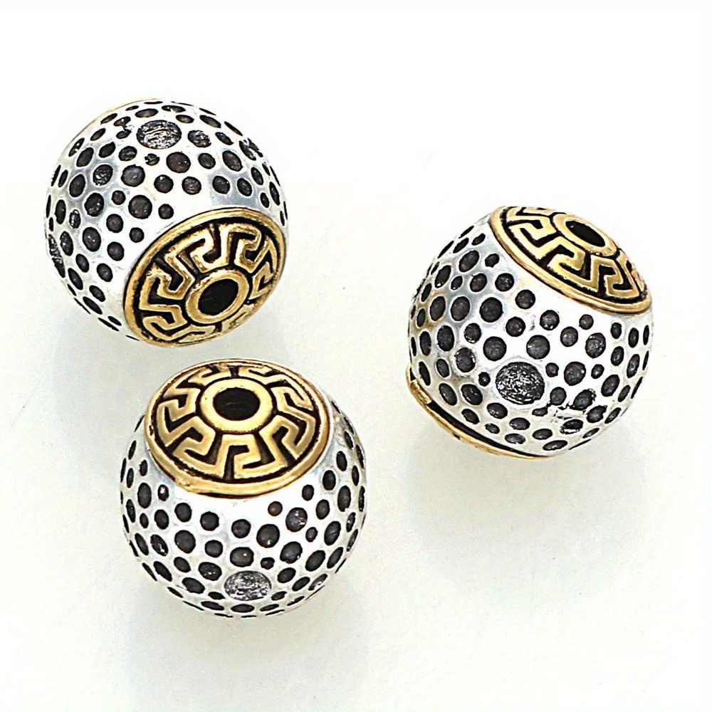 Image of 5pcs 12mm Designer Silvery Plated Cast Metal Striped Round With Dots Surface Spacers Charms Beads For Diy Necklace Bracelets Jewelry Making