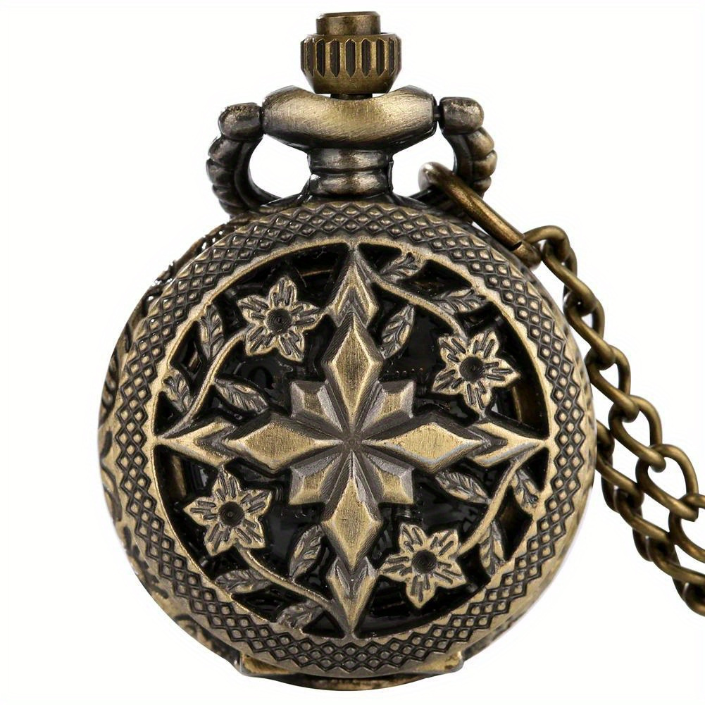 TEMU Small Cross Flower Hollow Out Pendant Clock Necklace Steampunk Arabic Dial Quartz Pocket Watch With Chain