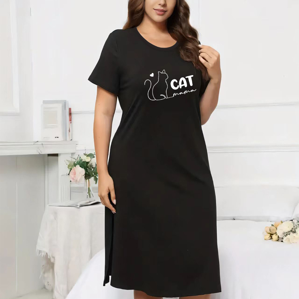 

Women's Casual Nightdress, Plus Size Cat & Letter Print Short Sleeve Round Neck Split Hem Sleep Dress