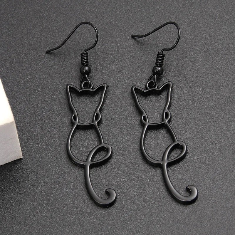 1 Pair Vintage Black Cat Earrings Simple Hollow Out Cute Animal Dangle Earrings Funny Jewelry Accessories For Women Daily Casual