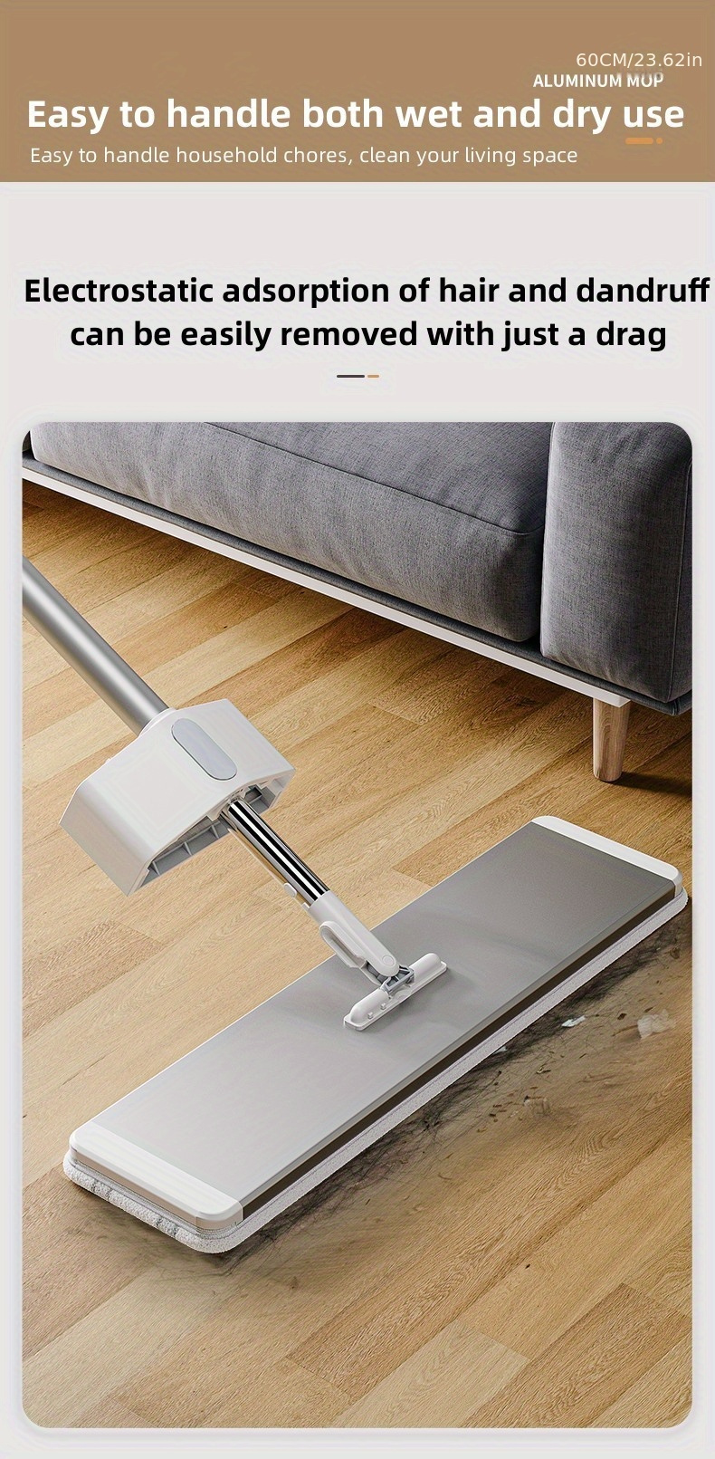 easy clean 360 flat mop with extendable aluminum handle no dead angle stainless steel   2 replacement heads for effortless home cleaning details 2