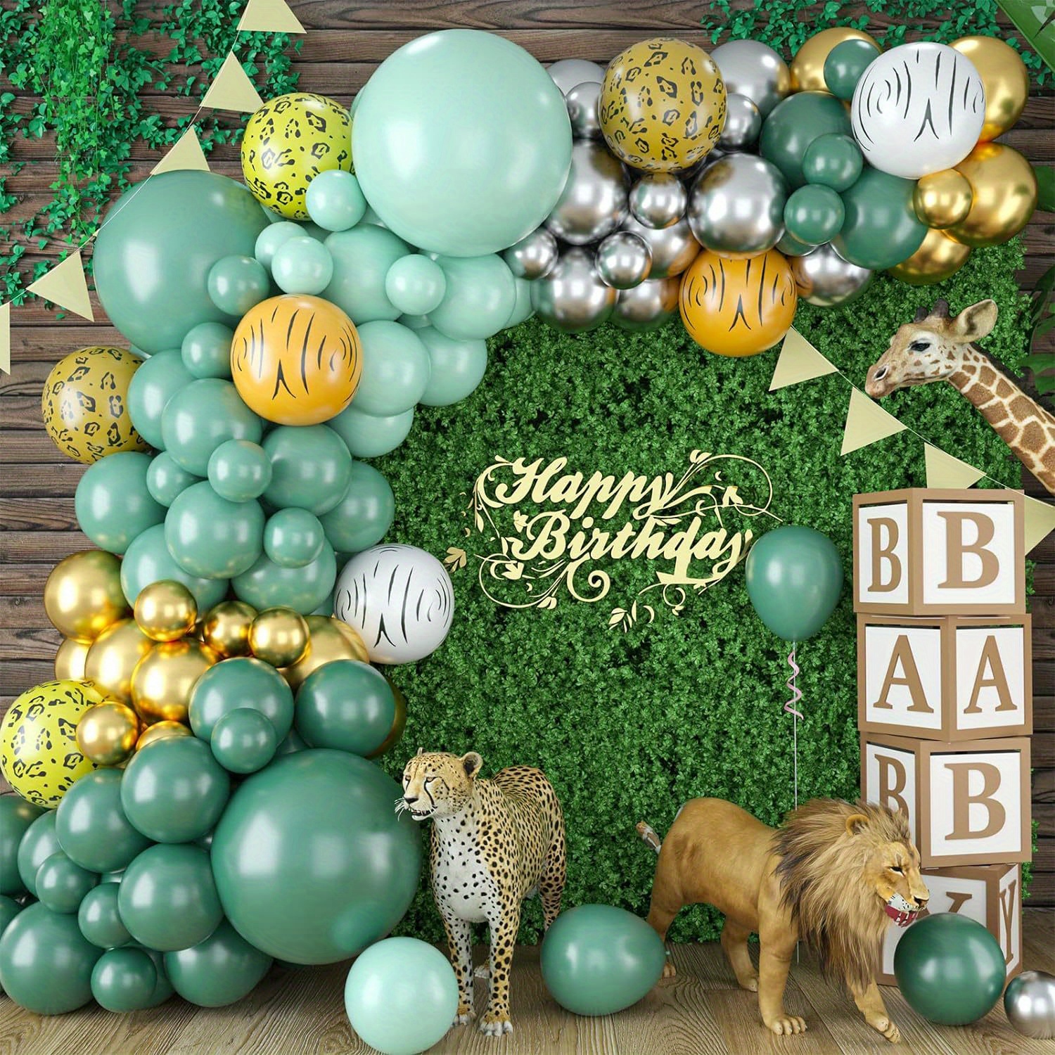 Kit de arco de globos con temática de selva para niños de 1 año, guirnalda  de globos verdes de feliz cumpleaños, decoraciones de fiesta de ducha de