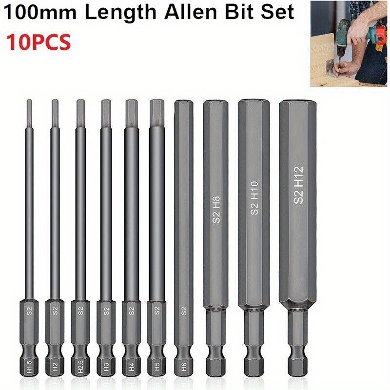 

10pcs, Hex Head Allen Wrench Drill Bit Set, Metric, Upgraded 1/4 Inch Quick Release Shank Magnetic 10cm Long Hex Bits Set