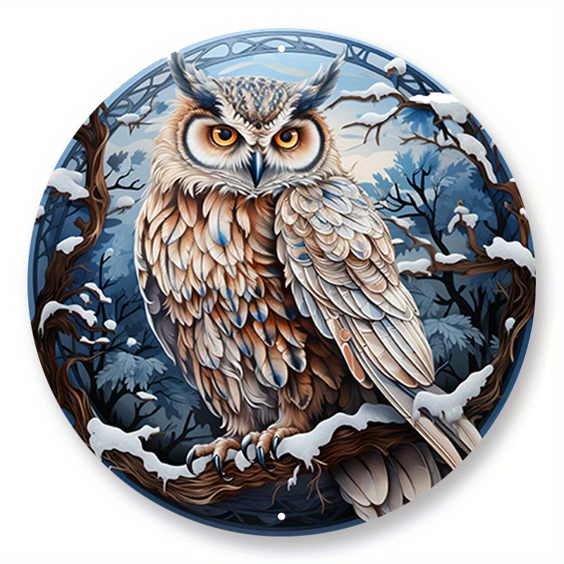 

1pc 8x8inch Aluminum Metal Sign Round Metal Wear Sign A Owl Is Perched On A Branch In An Icy Snowy Landscape
