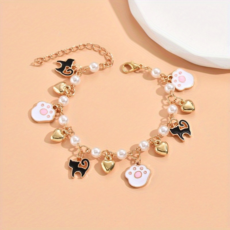 

1pc Cute Cat Paw Cat Love Heart Tassel Pendant Link Chain Bracelet With White Faux Pearls Beads Elegant Hand Chain For Cat Lovers