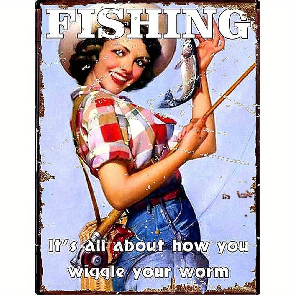 Pin Girl Fishing Wiggle Worm Retro Metal Tin Sign Home - Temu