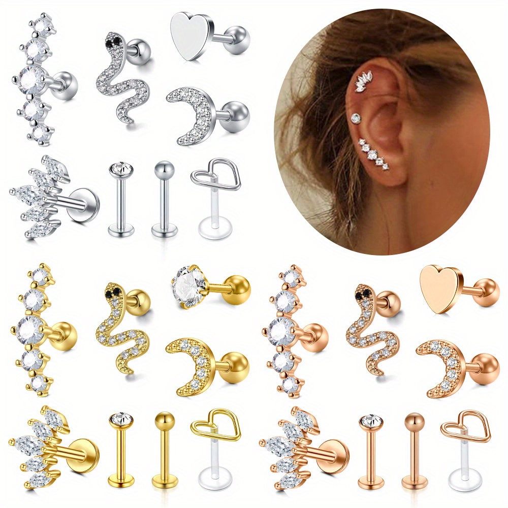 

8pcs/set 16g Women's Stainless Steel Exquisite Elegant Cartilage Stud Earrings Inlaid Zircon Piercing Ear Jewelry Set Valentine's Day Gift