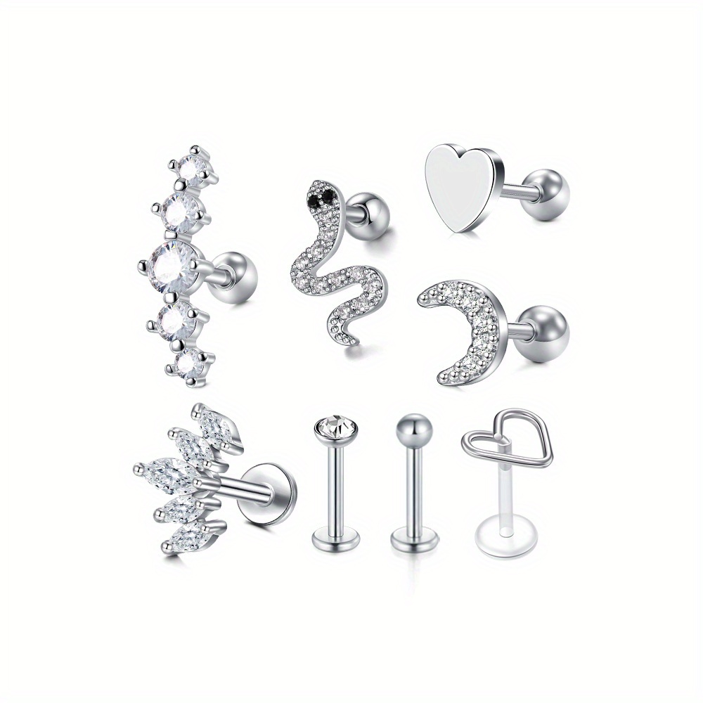TEMU 8pcs Set Of 16g Women' Steel Elegant And Cartilage Stud Earrings, Inlaid With Synthetic Zirconia, A Jewelry Set For Pierced Ears, Perfect As A Valentine's Day Gift.